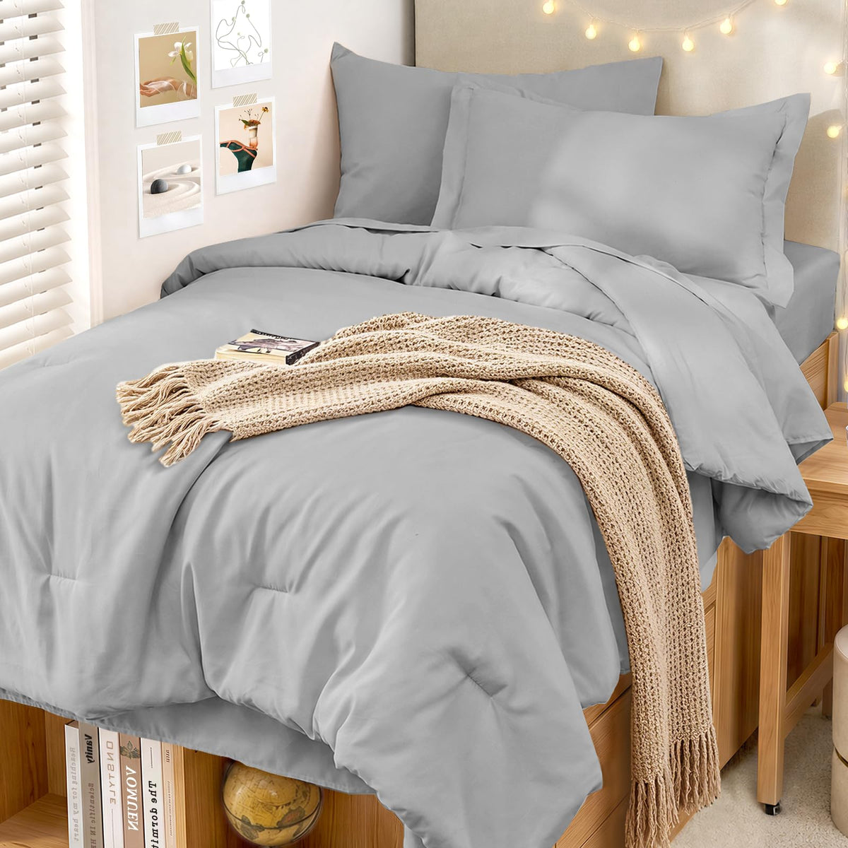MUXHOMO King Comforter Set 7 Pieces, Soft Bed in a Bag, Beige