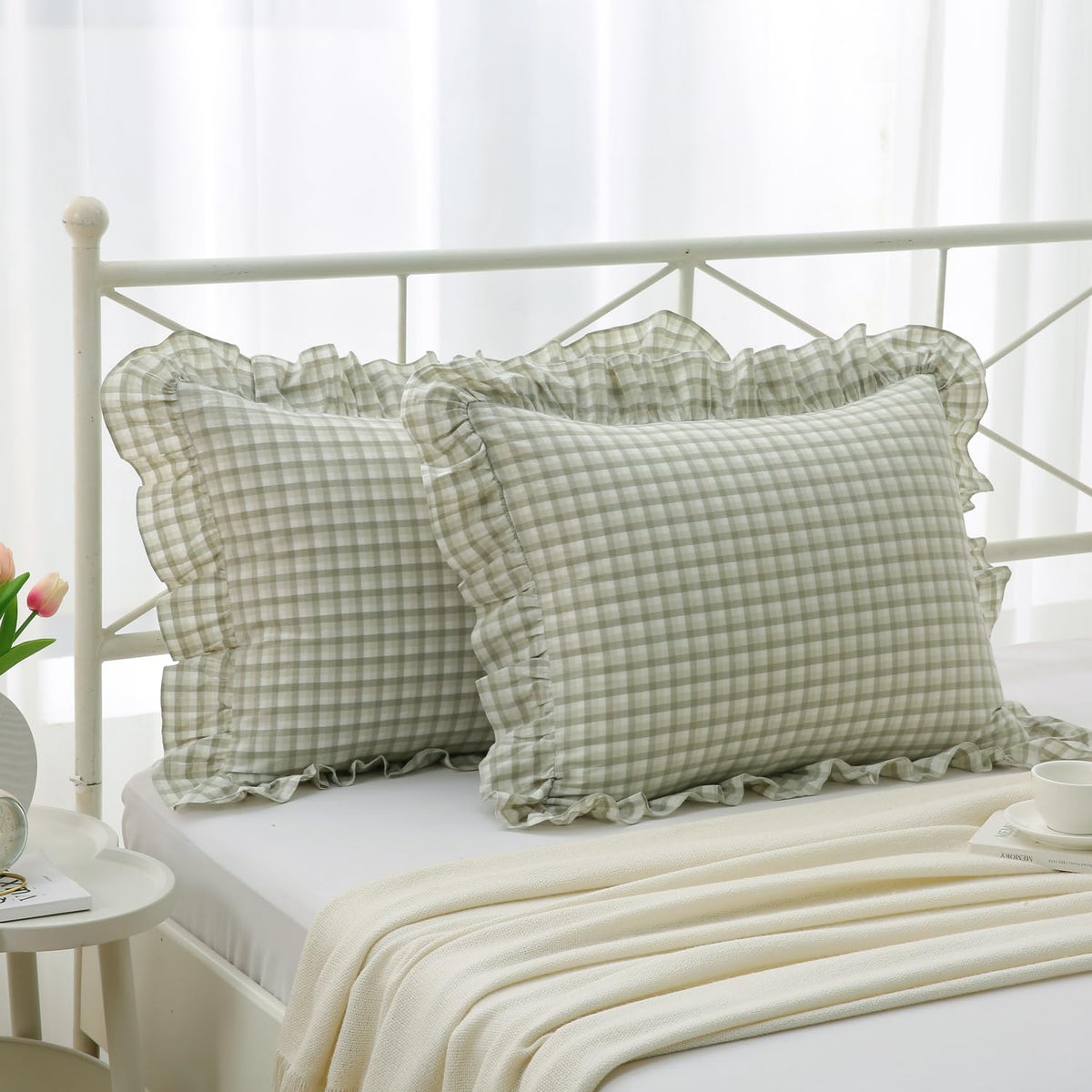 Mywinlle Taupe Plaid Gingham Ruffle Decorative Throw Pillow Covers 18"x18"