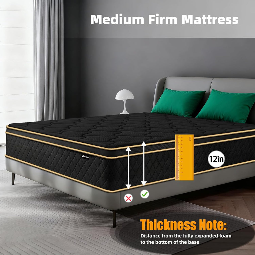 Queen Mattress 12 Inch Medium Firm Hybrid Mattress Queen Size Memory Foam Pocket Springs Queen Bed Matress in a Box for All Sleeping Positions Motion Isolation Comfortable Sleep (Black, Queen 12 inch)