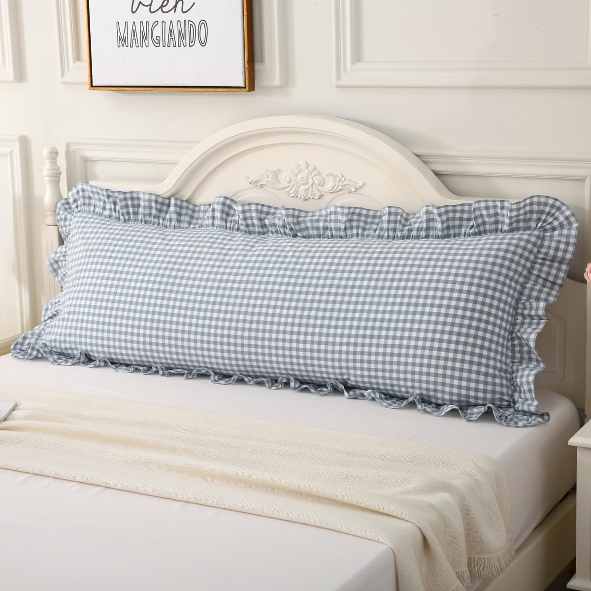 Silnuo Taupe/White Gingham Plaid Ruffled Pillow Covers Queen Size Set of 2