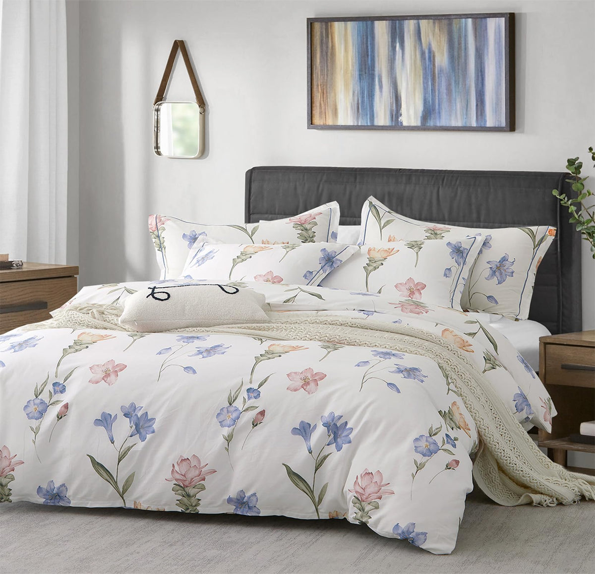 ALEISSEL Natural Cotton 3pcs Floral Comforter Sets King Size-Yellow Comforter with Pink & Yellow Flowers and Blue & Green Leaves on White, Reversible Lightweight Bedding Sets(King 104"×90")