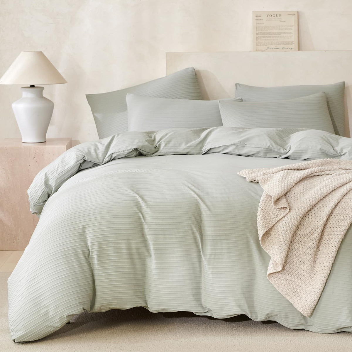 Sage Green Queen Size Comforter Set Striped 100% Soft Washed Microfiber Jacquard 3 Pieces Striped Bedding Sets Green White Comforter Queen for All Seasons and 2 Pillowcases Comfort Breathable