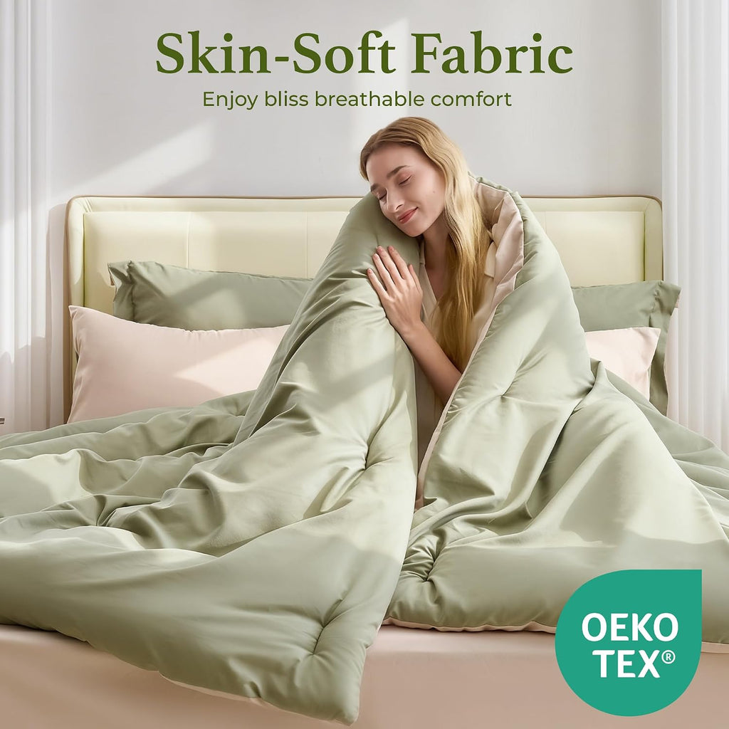 BDEUS 7 Pieces Comforter Set King Size, Reversible Oatmeal & Sage Green Bedding Set, Soft Brushed Microfiber Comforter with Flat Sheet, Fitted Sheet, Pillowcases & Shams, 104"X90"