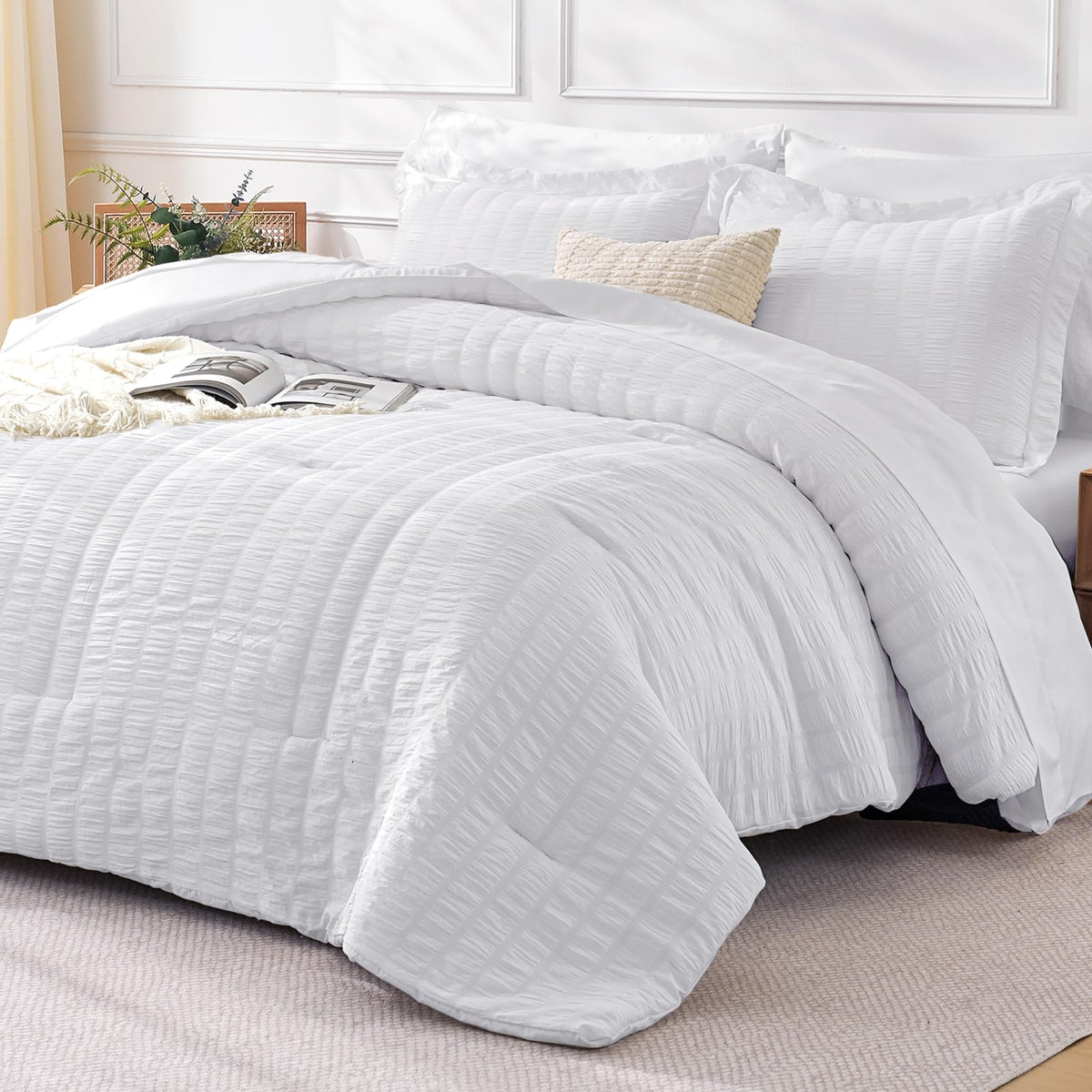 FreshCulture Twin Size Comforter Set Seersucker 5 Pieces, All Season Bedding Set Twin, Soft Bed in a Bag Comforter Set with Comforter, Flat Sheet, Fitted Sheet, Pillowcase and Pillow Sham, Cream
