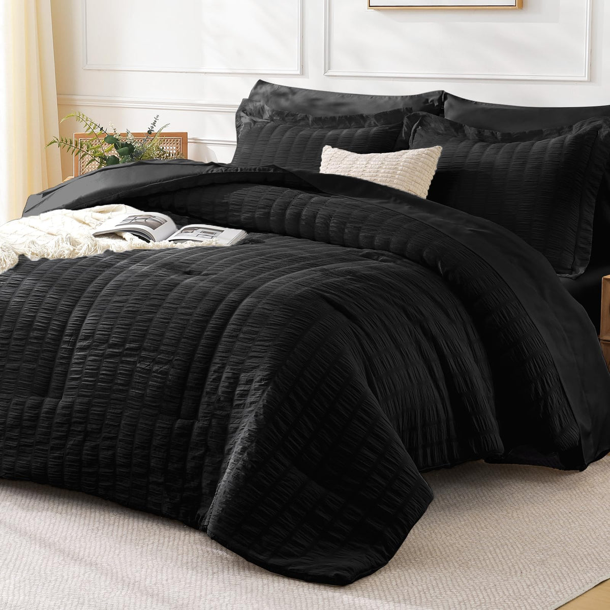 FreshCulture Twin Size Comforter Set Seersucker 5 Pieces, All Season Bedding Set Twin, Soft Bed in a Bag Comforter Set with Comforter, Flat Sheet, Fitted Sheet, Pillowcase and Pillow Sham, Cream