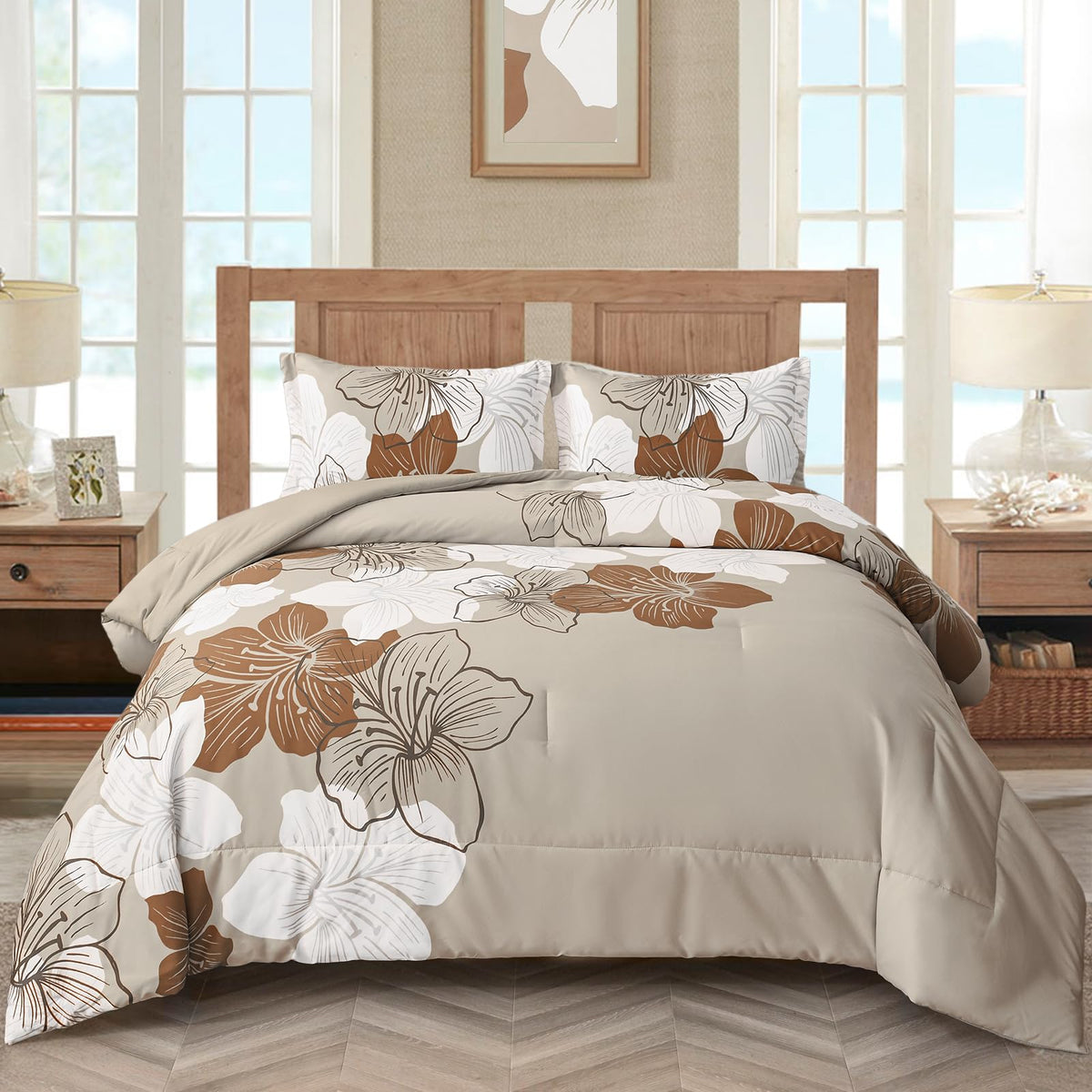 Menghomeus Queen Comforter Set, 3 Piece Dark Purple Floral Bedding Sets