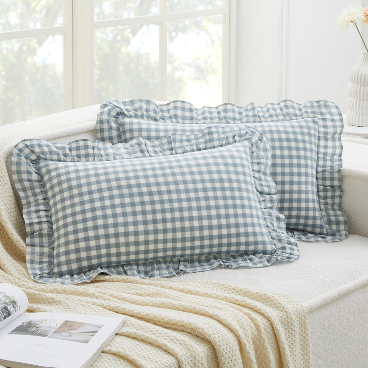 KKJIAF 2 Pcs Plaid Ruffle Pillow Case Standard Size, Sage Green Plaid