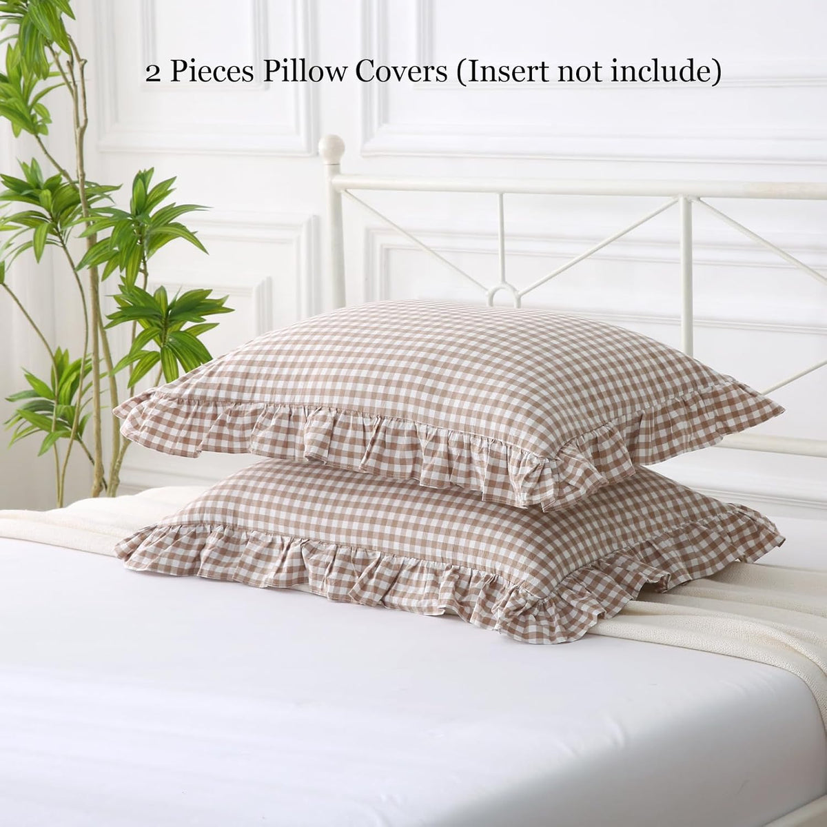 Silnuo Taupe/White Gingham Plaid Ruffled Pillow Covers Queen Size Set of 2