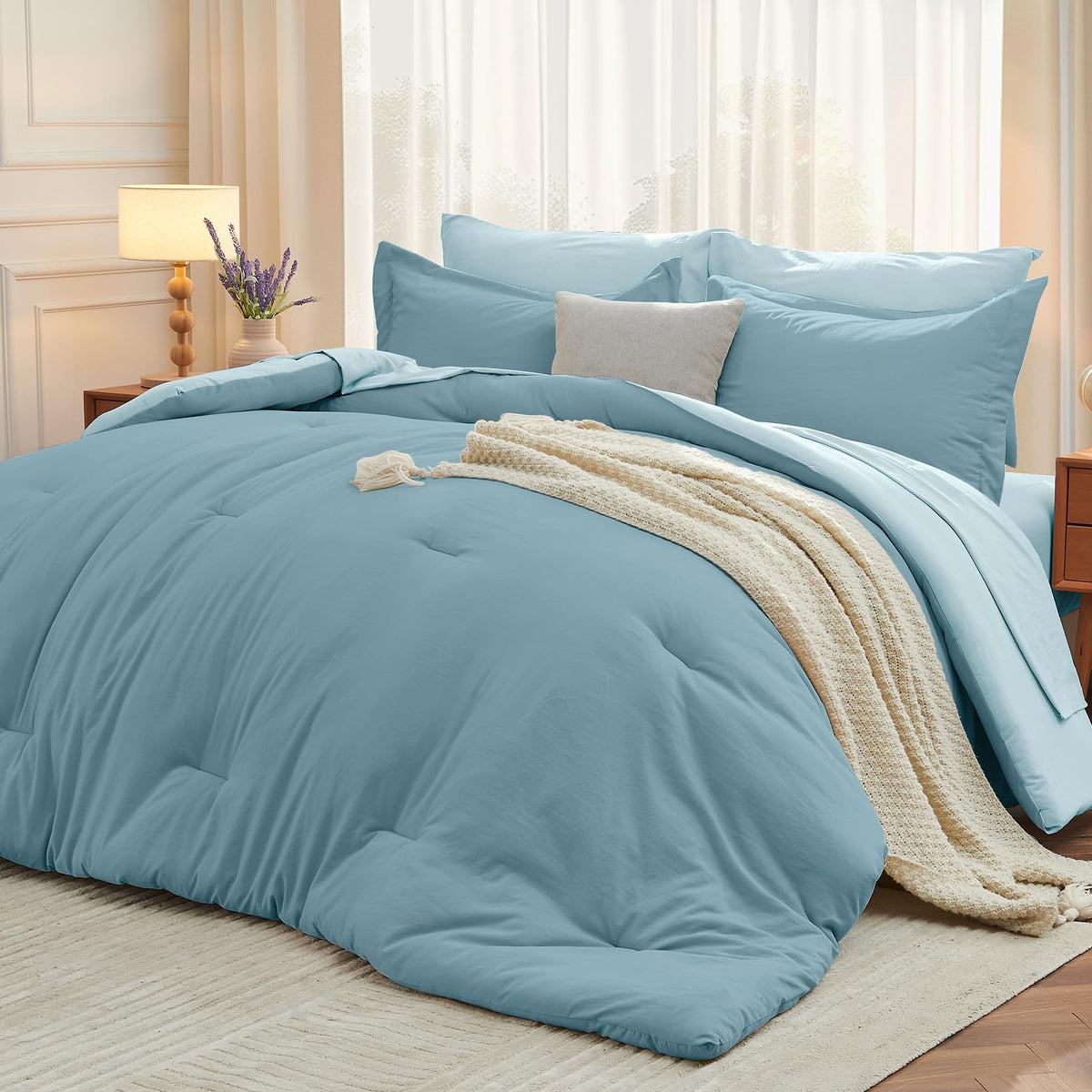 MUXHOMO King Comforter Set 7 Pieces, Soft Bed in a Bag, Beige