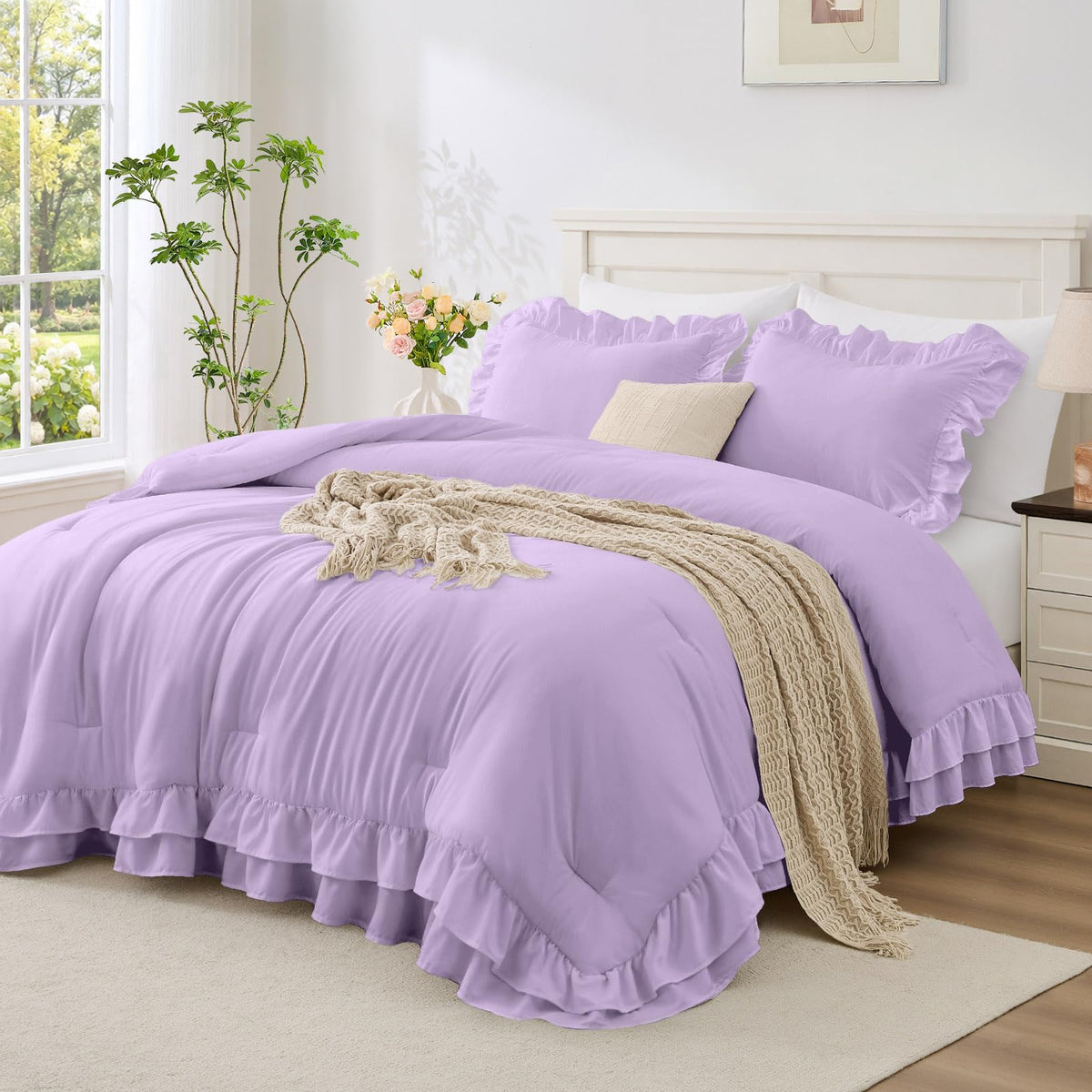 White Ruffle Comforter Set Queen Size, 3-Piece Shabby Chic Bedding