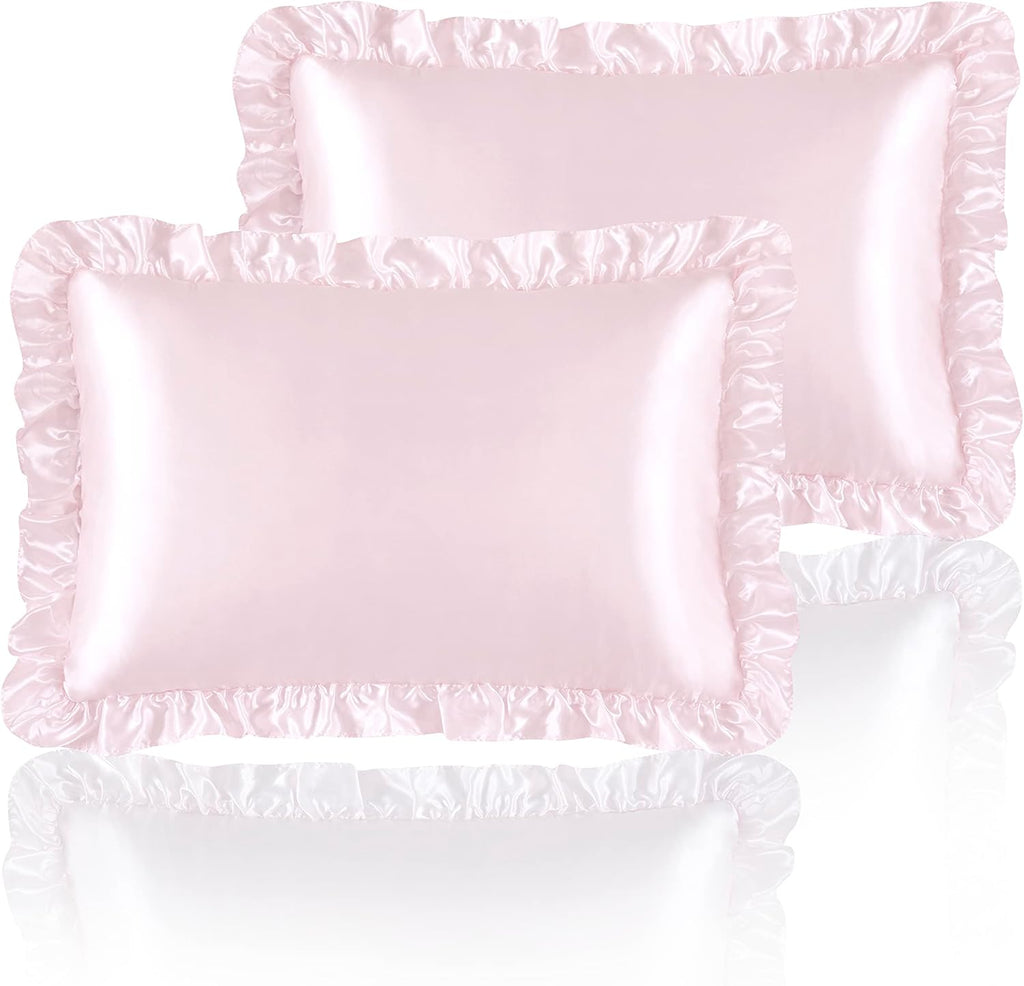 Blush Pink Satin Ruffled Pillow Cases for Hair and Skin,Blush Pink Silk Pillowcases Standard Set of 2 with Envelope Closure Princess Room Decoration