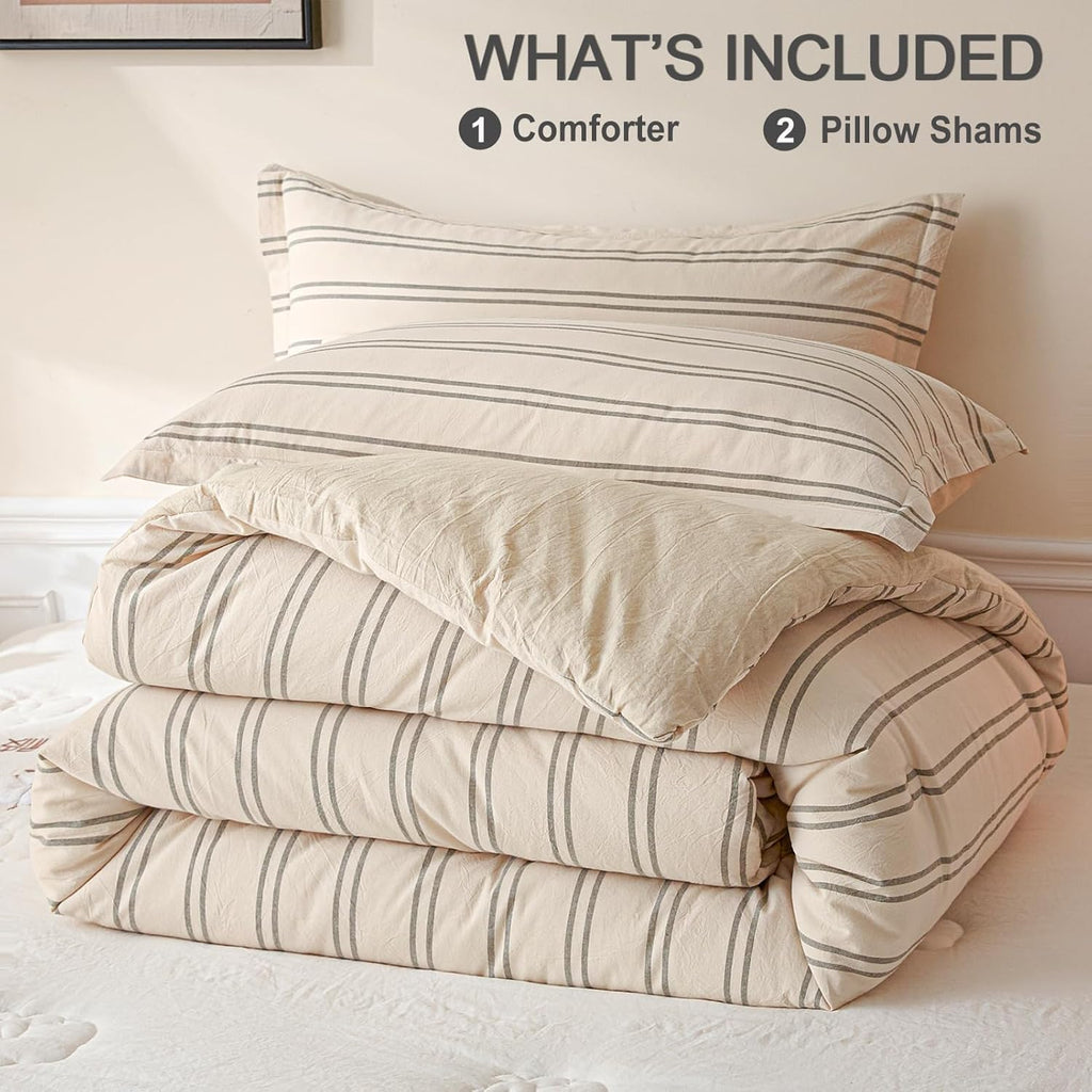 Cyusri Cotton Stripe Full Comforter Set - Soft Lightweight Bedding 3 Pieces Dyed Bed Set with 2 Pillow Shams,Reversible All Season Farmhouse Down Alternative(Full Size 80"x90" Beige)