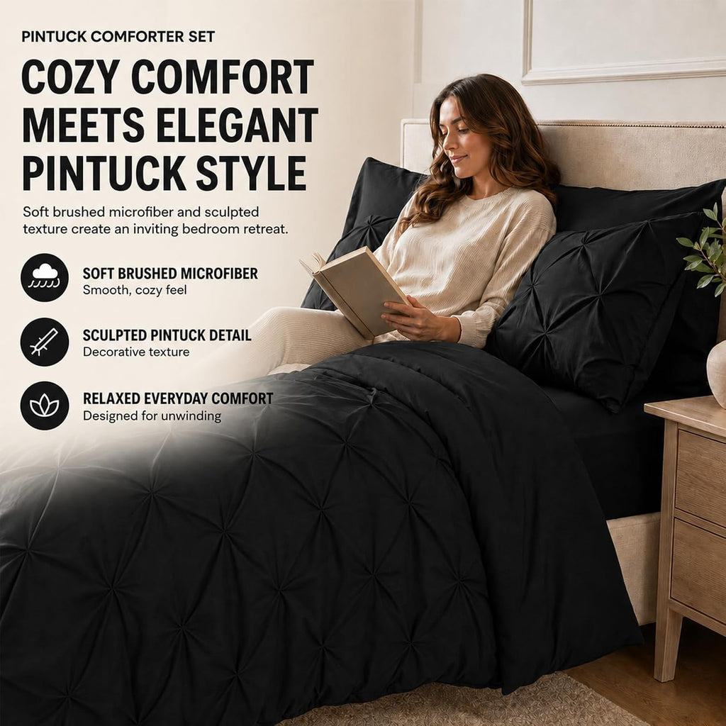 HIMEET Queen Comforter Set Black - 7 Pieces Pintuck Bed in a Bag