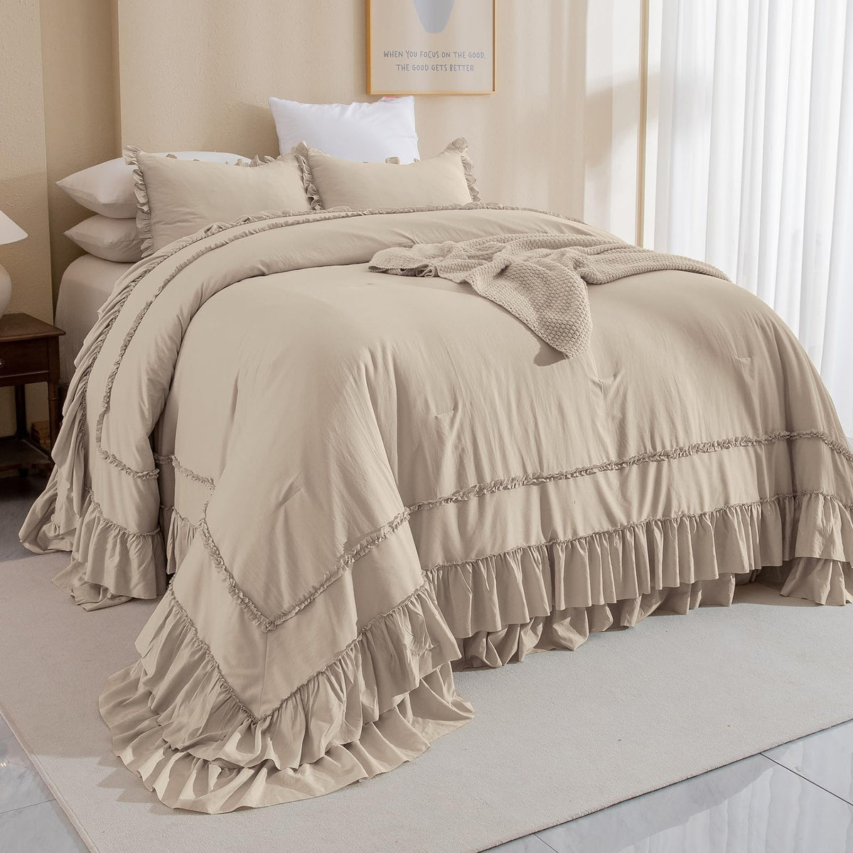 Masaca Ruffled Comforter Set Queen,Farmhouse Shabby Boho Chic Bedding Wheat and White Ruffle Comforter Vintage Rustic French Country Elegant Bedding Set 3PCS