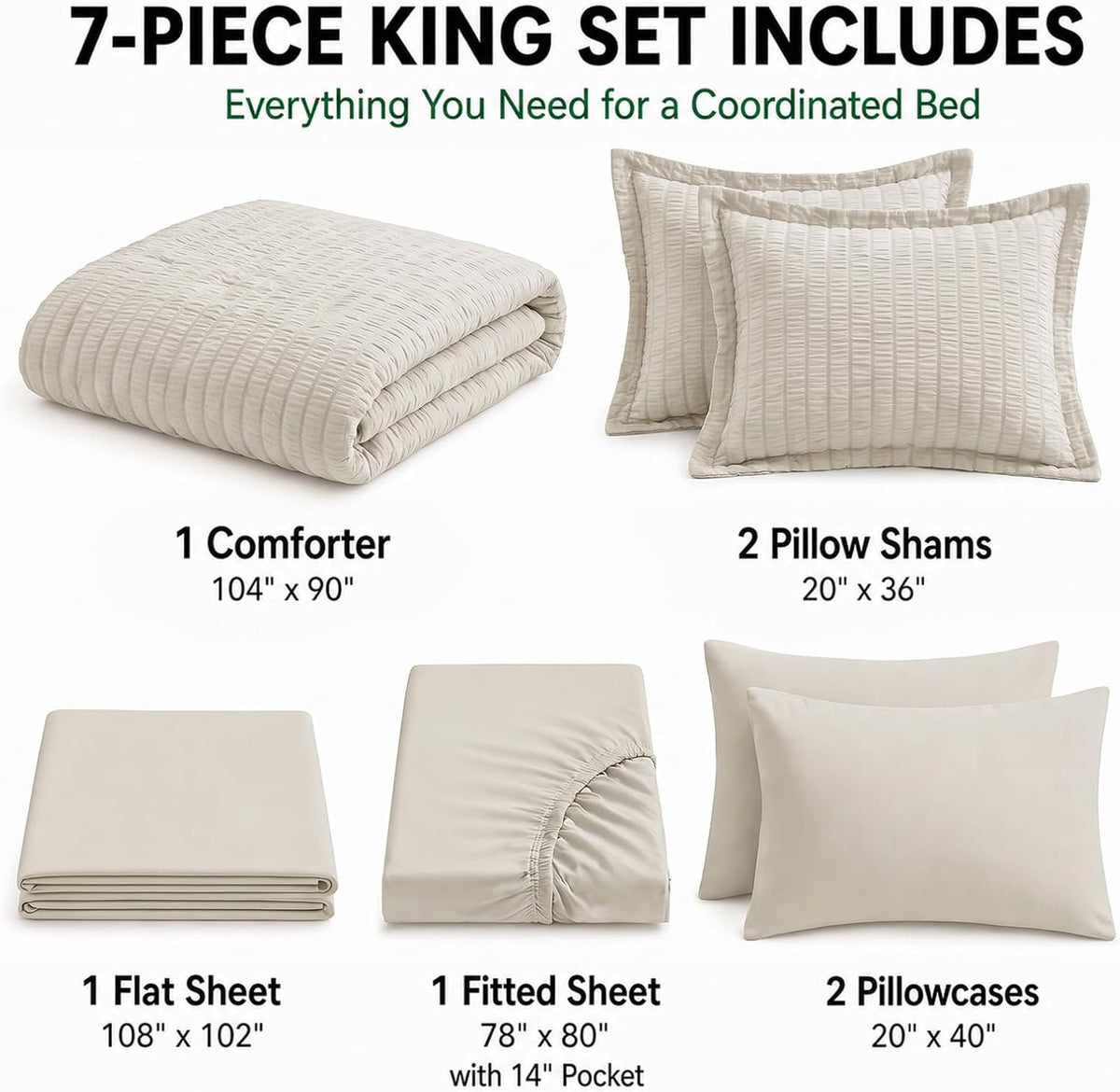 HIMEET King Comforter Set, 7-Piece Seersucker Bed in a Bag, Beige