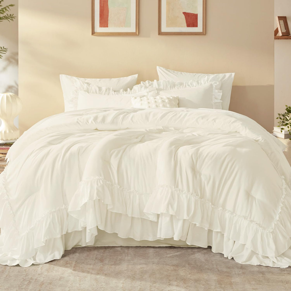 Litanika Queen Comforter Set, 7 Pcs White Ruffle Bed in a Bag