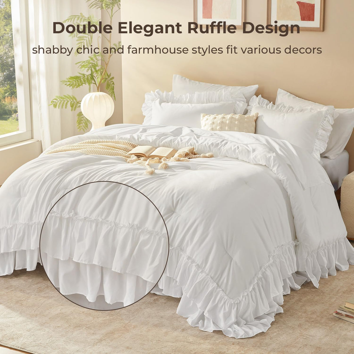 Litanika Queen Comforter Set, 7 Pcs White Ruffle Bed in a Bag