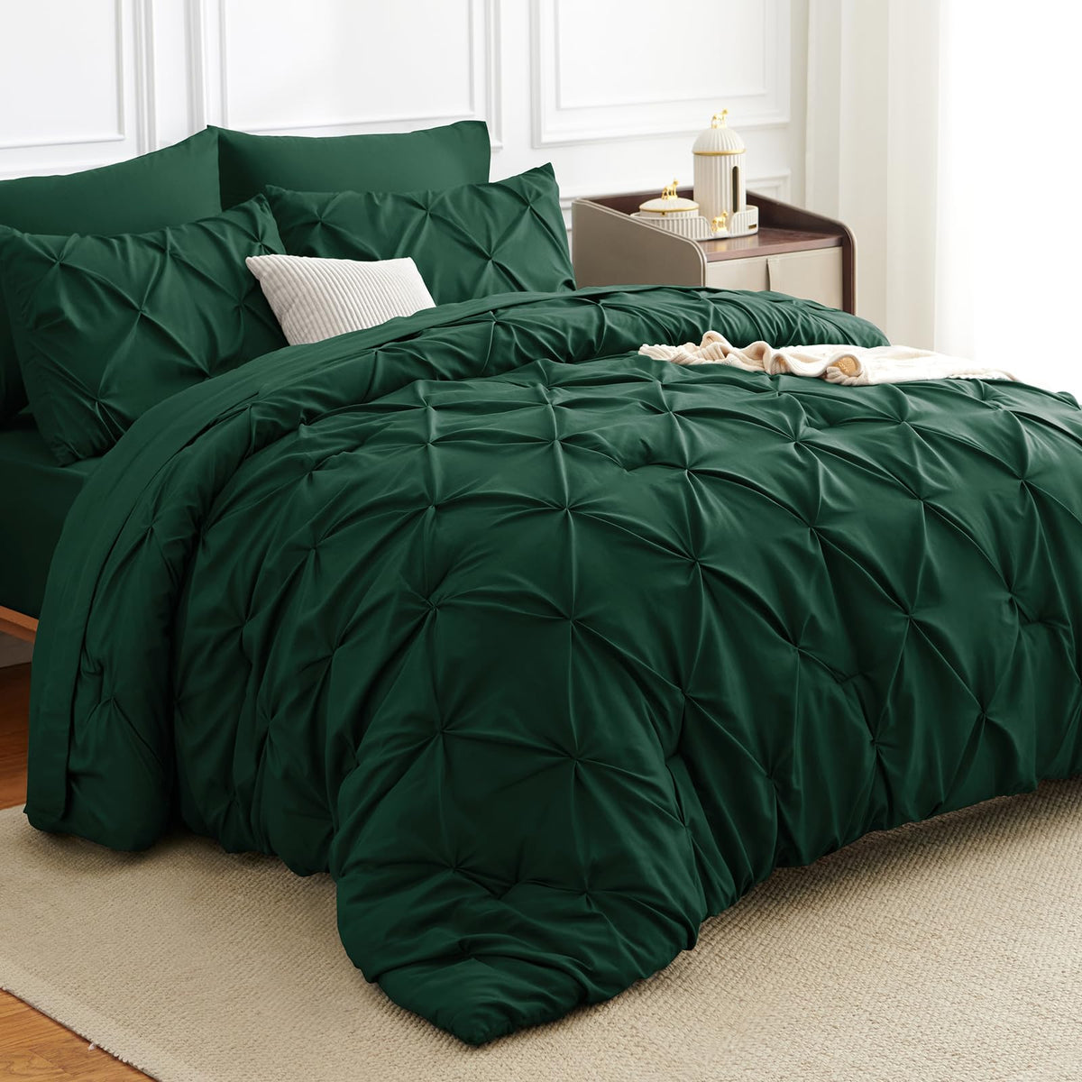HIMEET Queen Comforter Set Black - 7 Pieces Pintuck Bed in a Bag