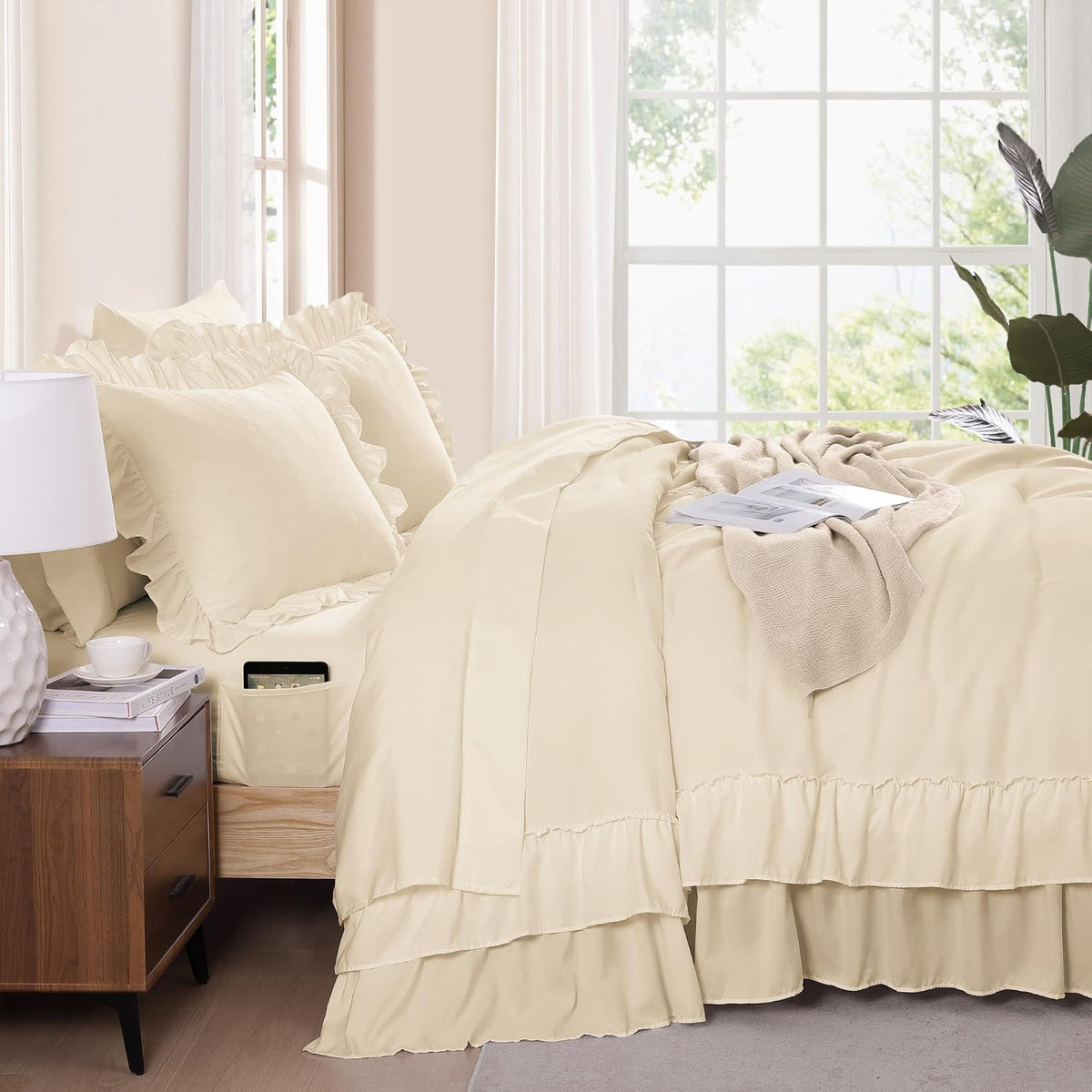 King Comforter Set Whisper White Ruffle 7 Pieces Farmhouse Bed in a Bag