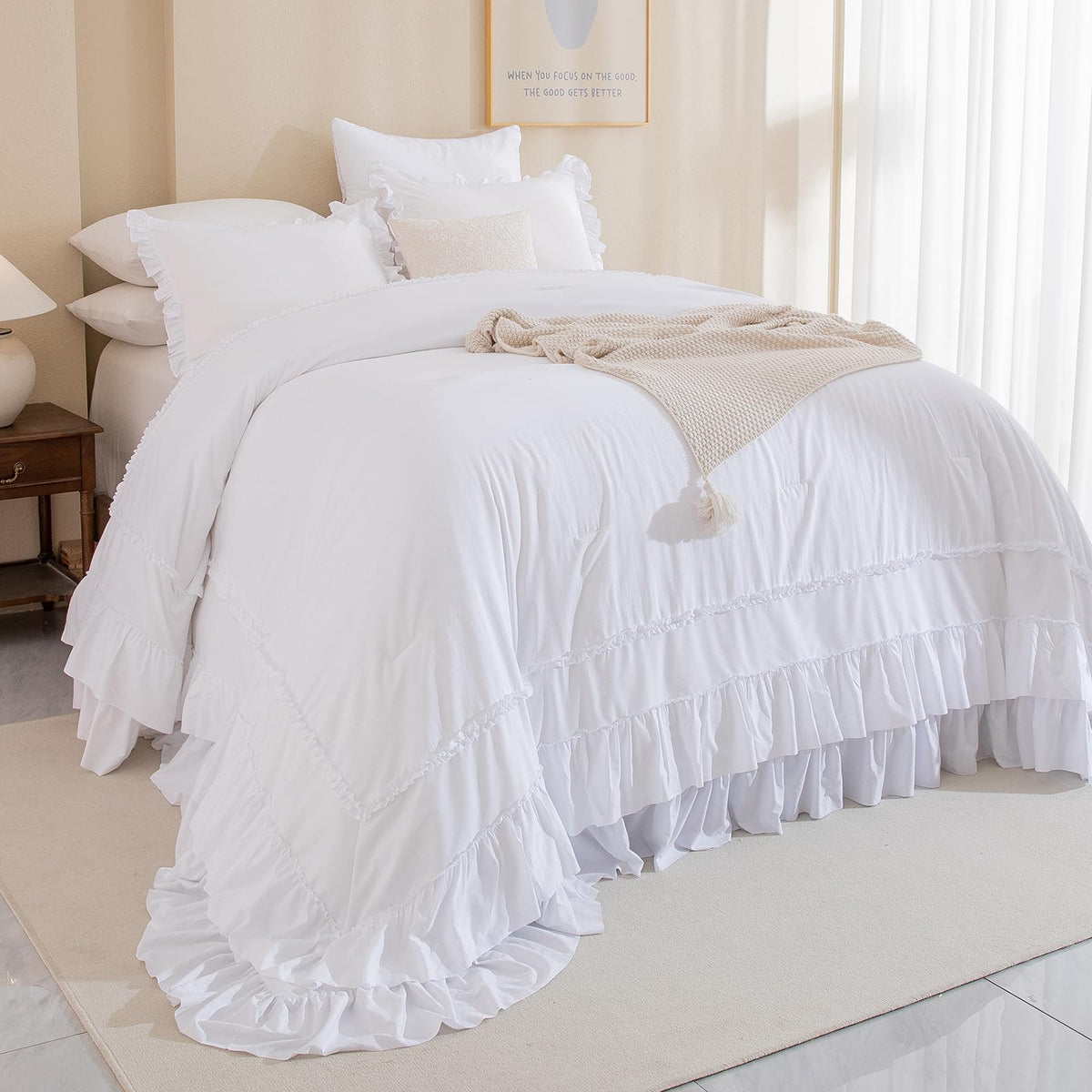 Masaca Ruffled Comforter Set Queen,Farmhouse Shabby Boho Chic Bedding Wheat and White Ruffle Comforter Vintage Rustic French Country Elegant Bedding Set 3PCS