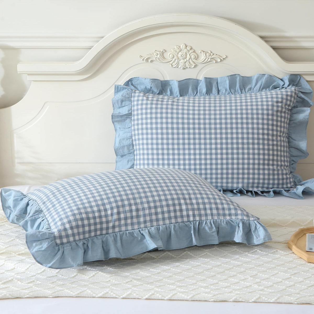Mywinlle Taupe Plaid Gingham Ruffle Decorative Throw Pillow Covers 18"x18"