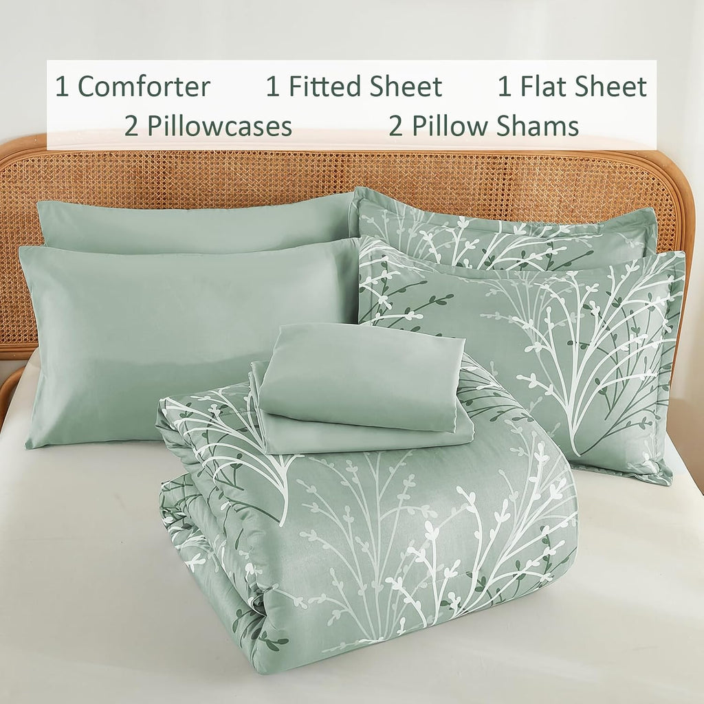 DJY Sage Green Comforter Set 7 Piece Branch Botanical Bed in a Bag