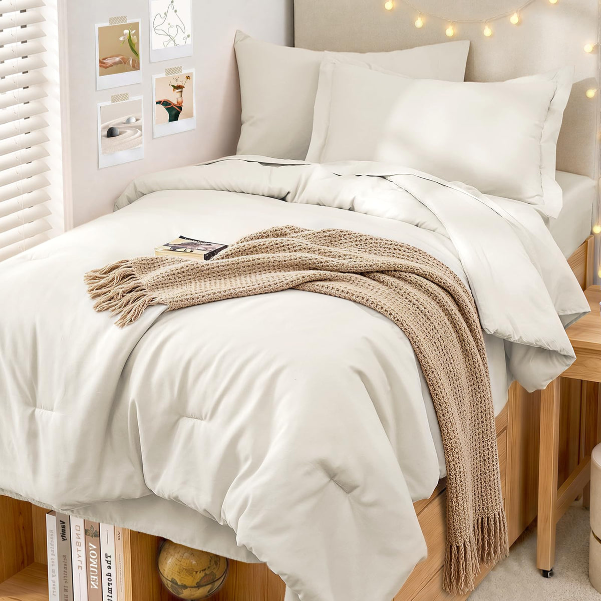 MUXHOMO King Comforter Set 7 Pieces, Soft Bed in a Bag, Beige