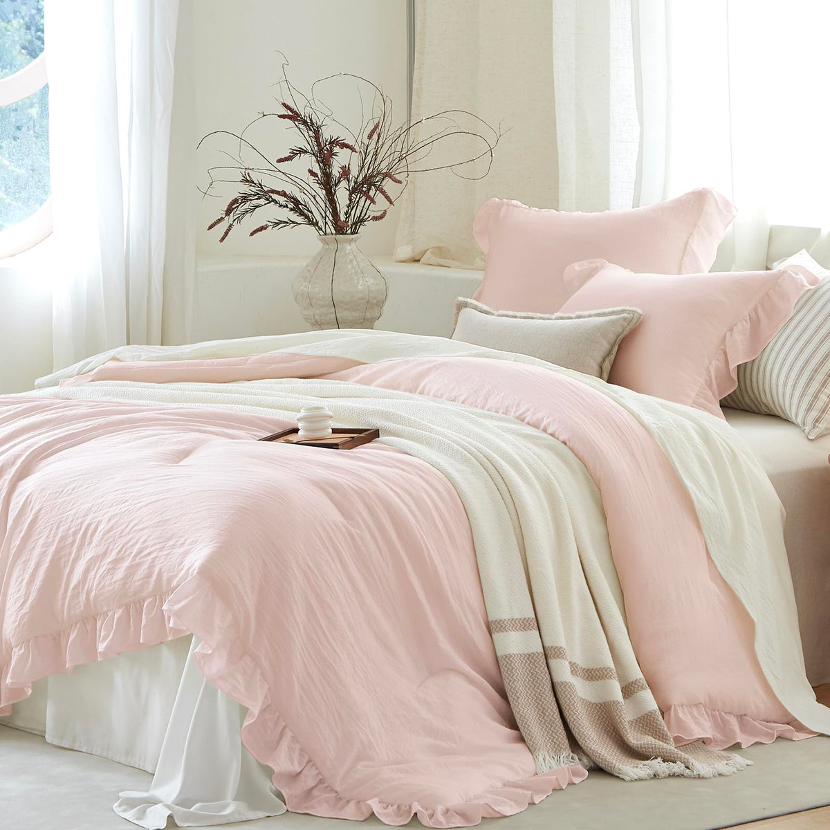 Beige Ruffle 2 Pieces Comforter Set Twin Shabby Chic Bedding Set