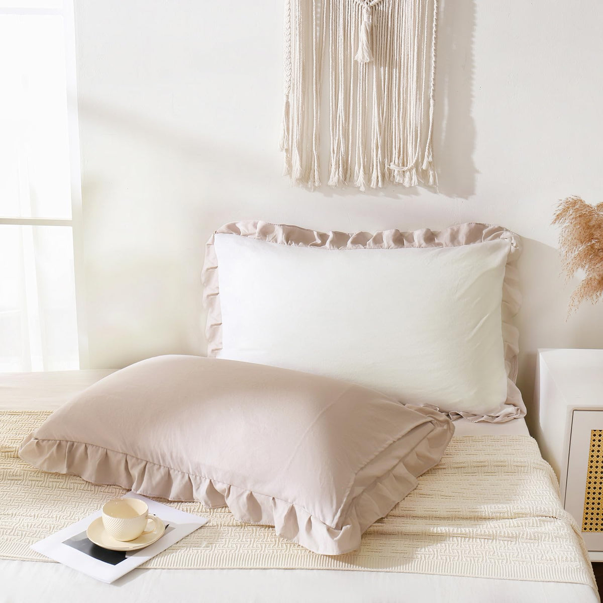 Boho White Body Pillowcase 20x54in - Ruffled Fringe Decor Sham