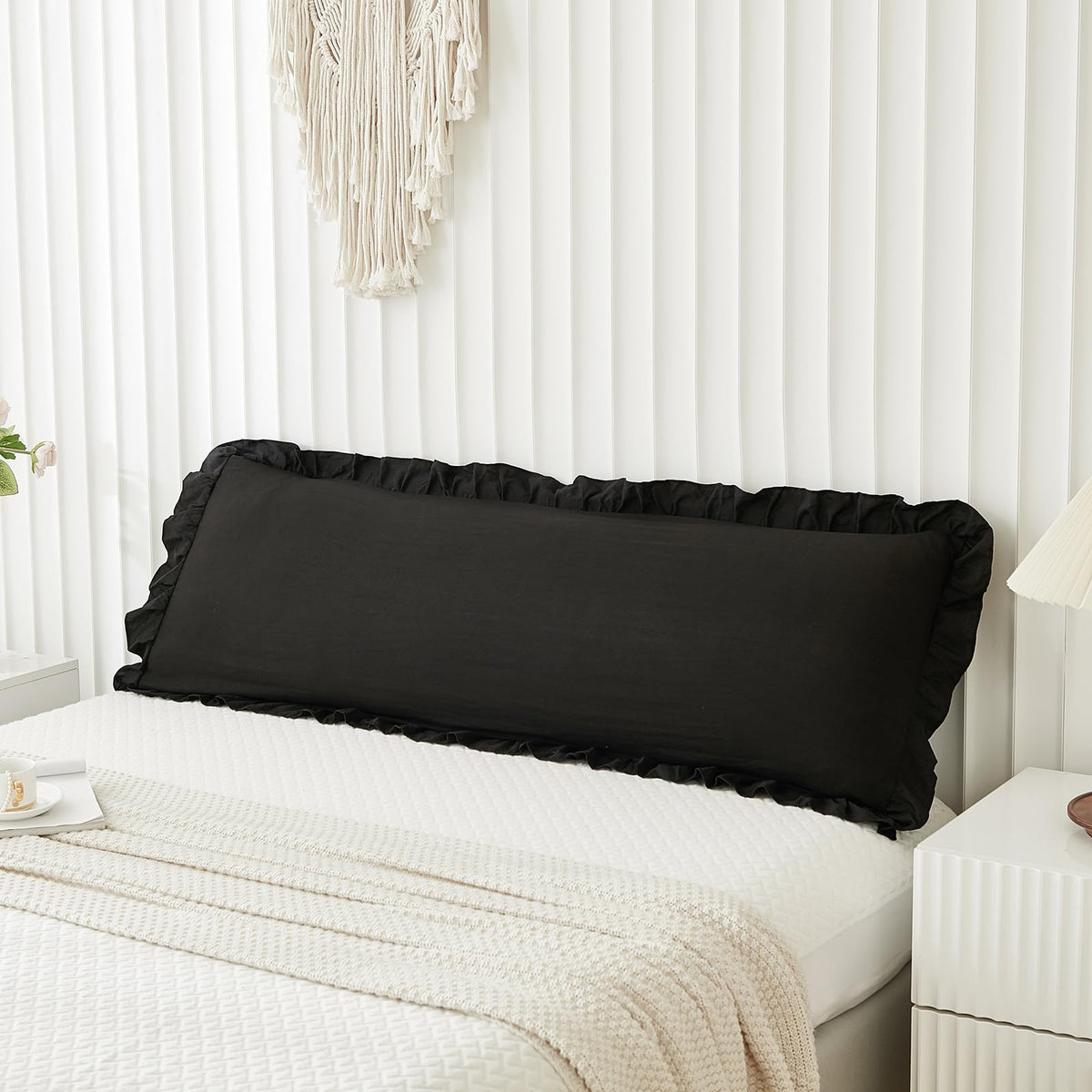 Boho White Body Pillowcase 20x54in - Ruffled Fringe Decor Sham