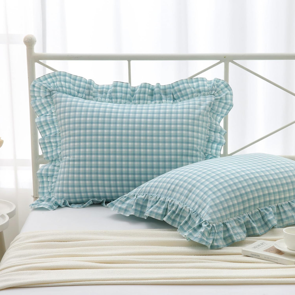 Mywinlle Taupe Plaid Gingham Ruffle Decorative Throw Pillow Covers 18"x18"