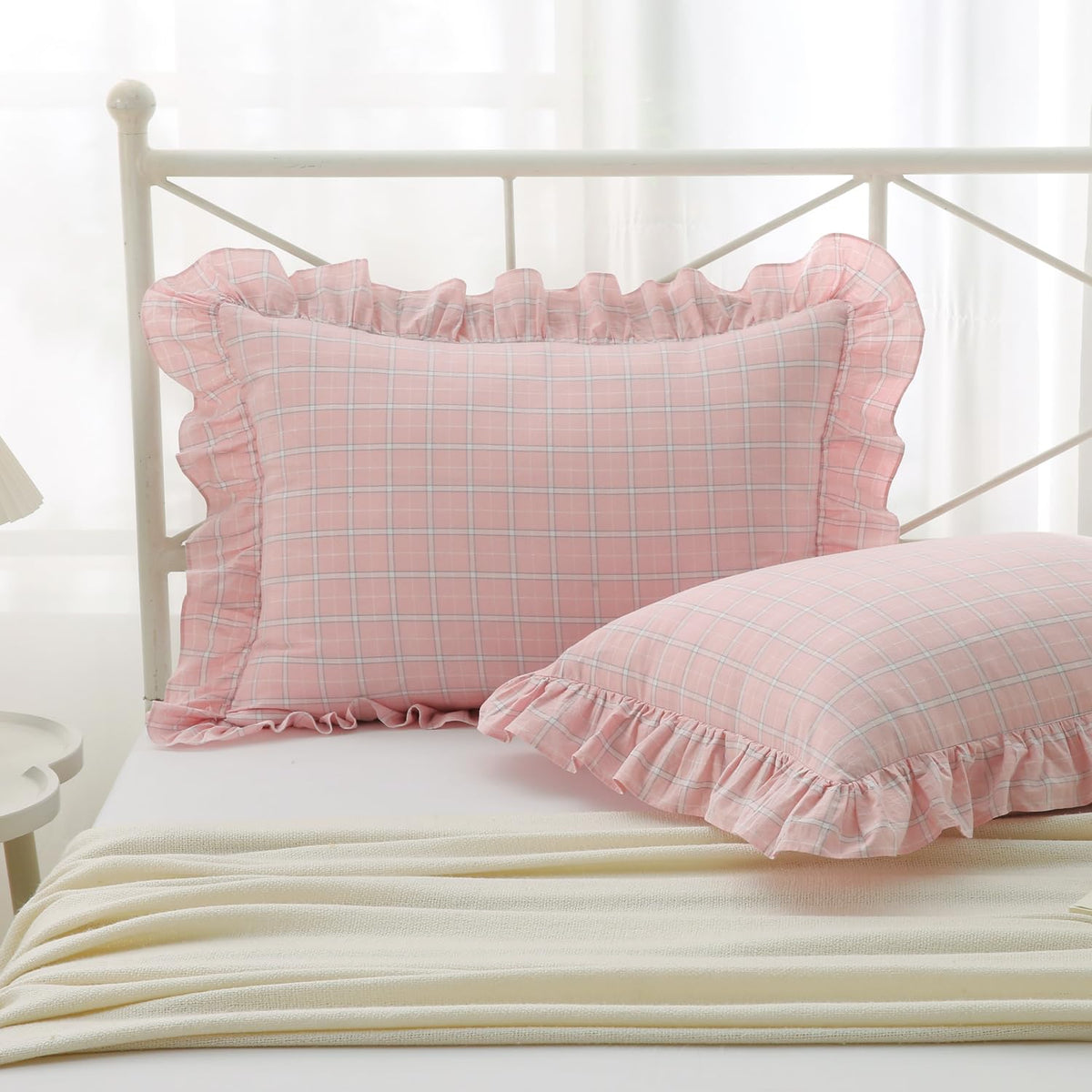 Mywinlle Taupe Plaid Gingham Ruffle Decorative Throw Pillow Covers 18"x18"
