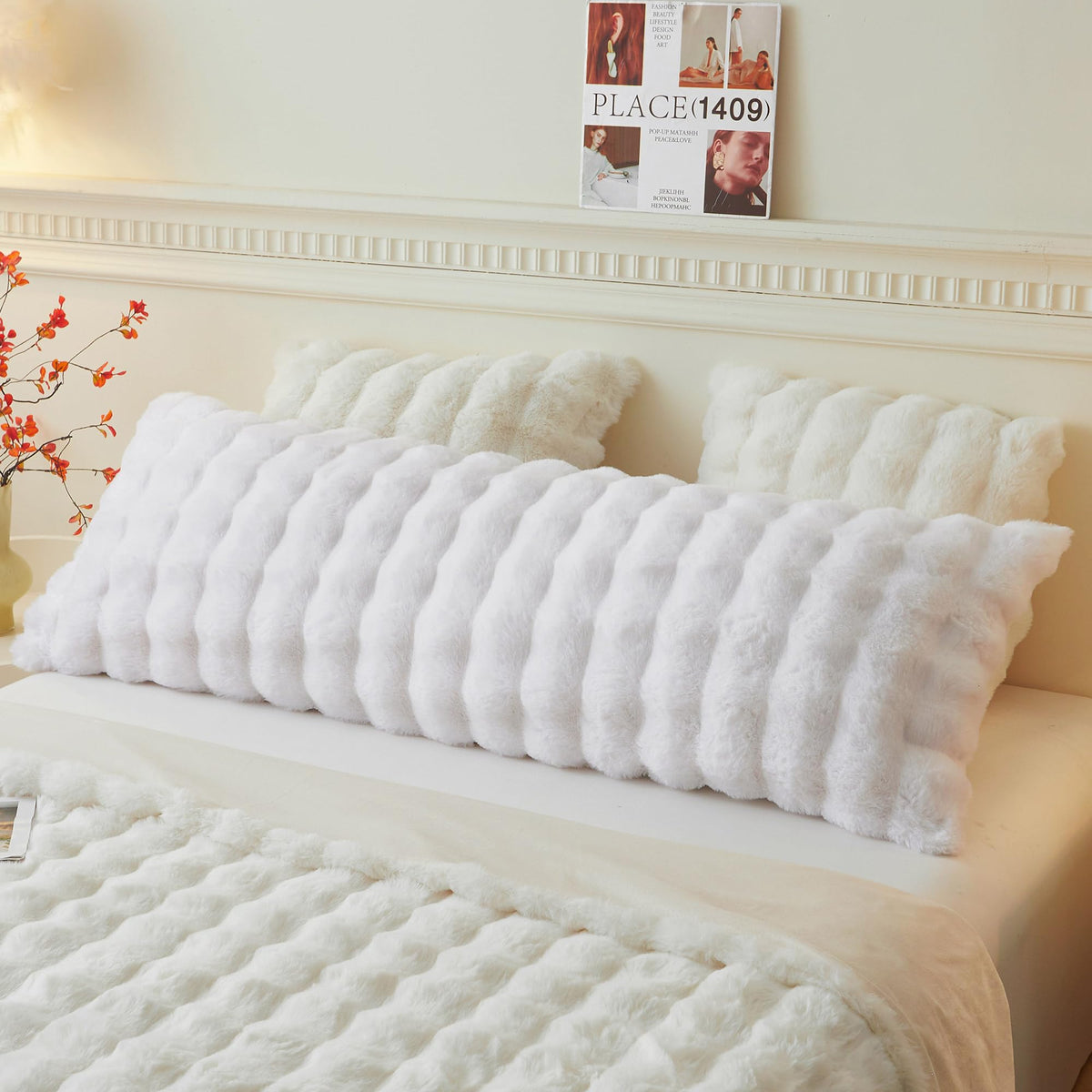 LIFEREVO Fluffy Faux Rabbit Fur Body Pillow Cover 20"x54", Sage Green