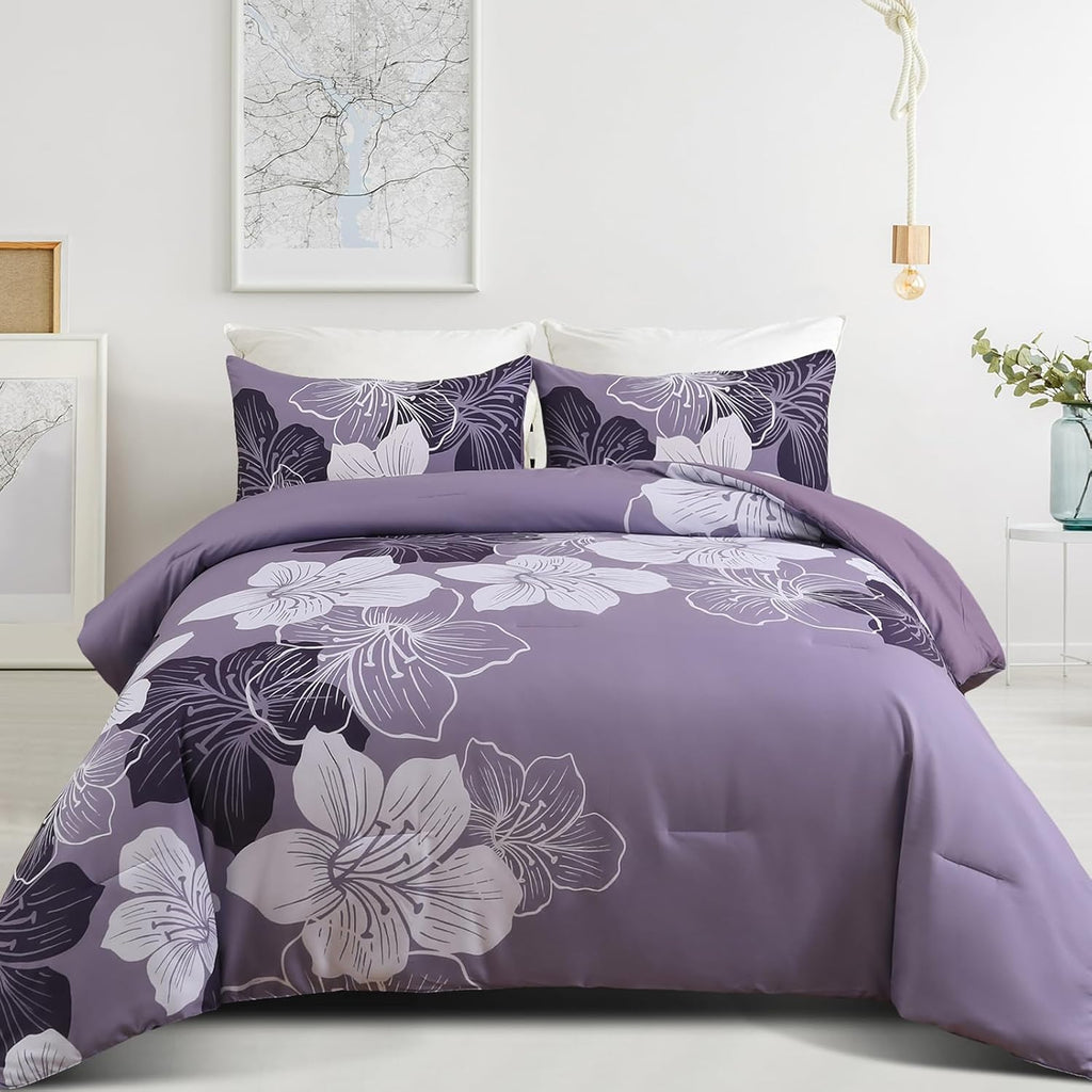 Menghomeus Queen Comforter Set, 3 Piece Dark Purple Floral Bedding Sets