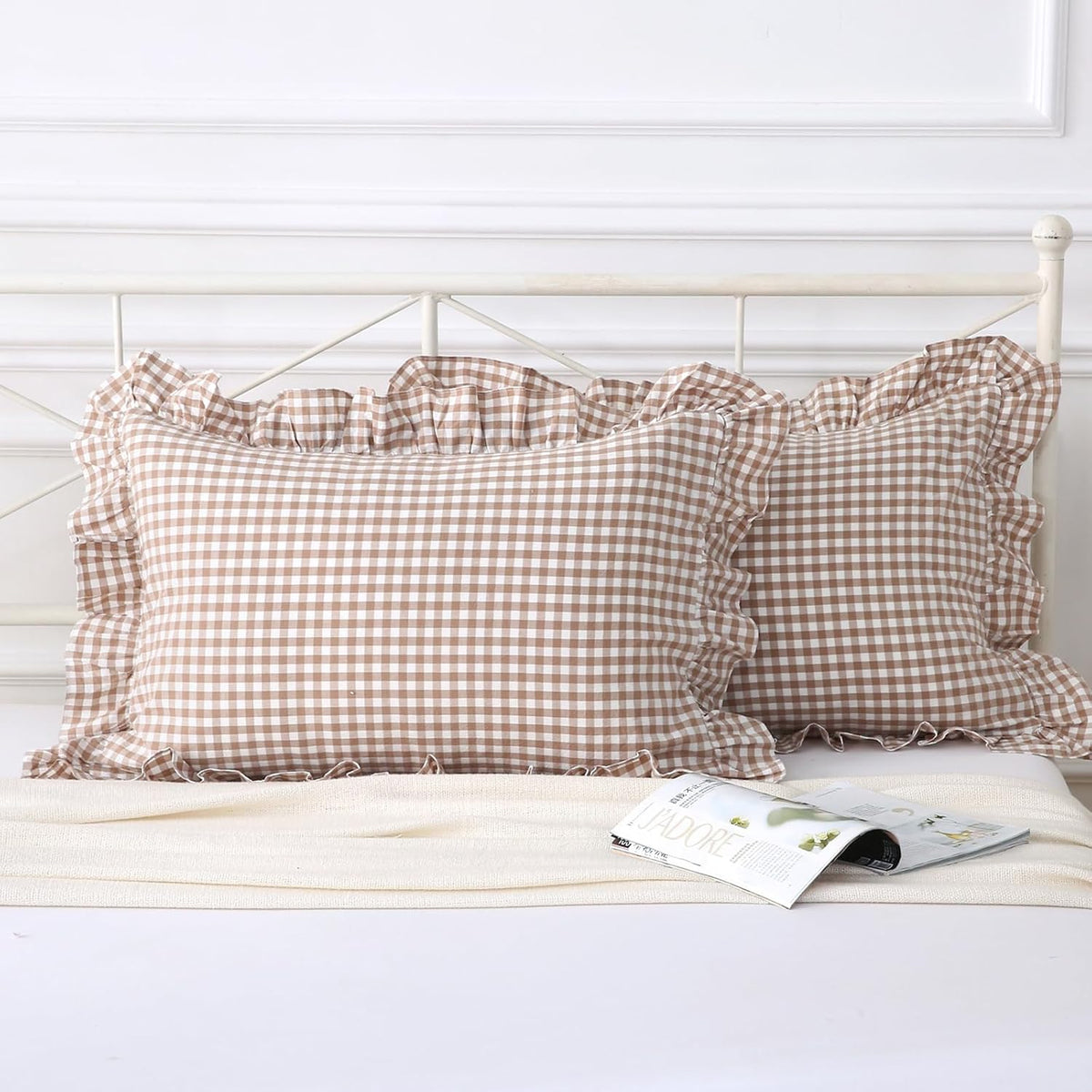 Silnuo Taupe/White Gingham Plaid Ruffled Pillow Covers Queen Size Set of 2