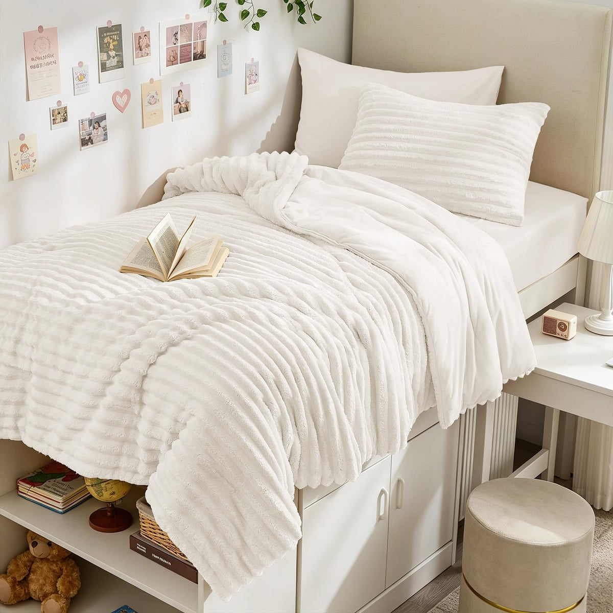 Sasttie Fluffy Queen Comforter Set, 3 PC Soft Fleece Bedding, Cream White