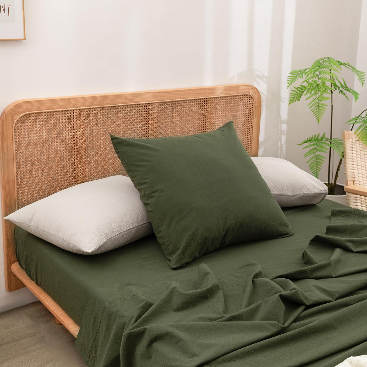 BESTOUCH Washed Cotton Pillowcases Linen Feel Olive Green Body