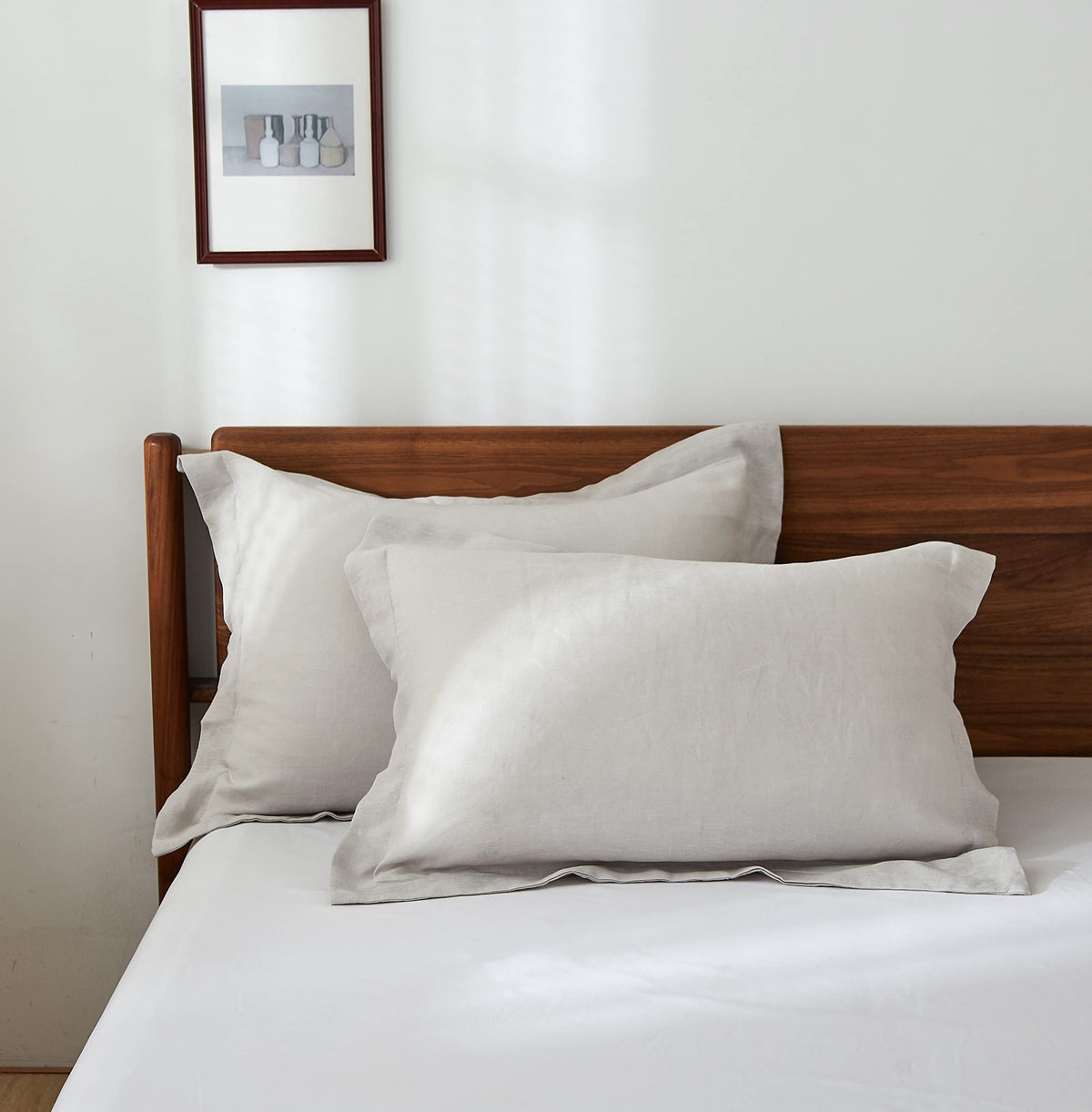 Simple&Opulence 100% French Linen Pillowcase Queen Size-Set of 2- Washed Solid Color Pillow Cases Embroidered -Soft and Durable (Linen, 20''x30'')
