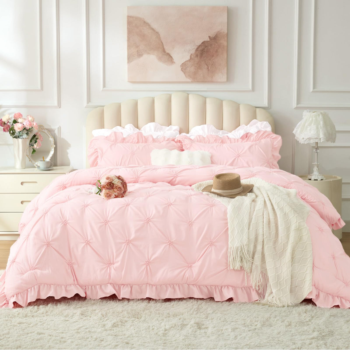 BEDELITE King Comforter Set Striped-Blush Pink,Fluffy & Soft Comforter