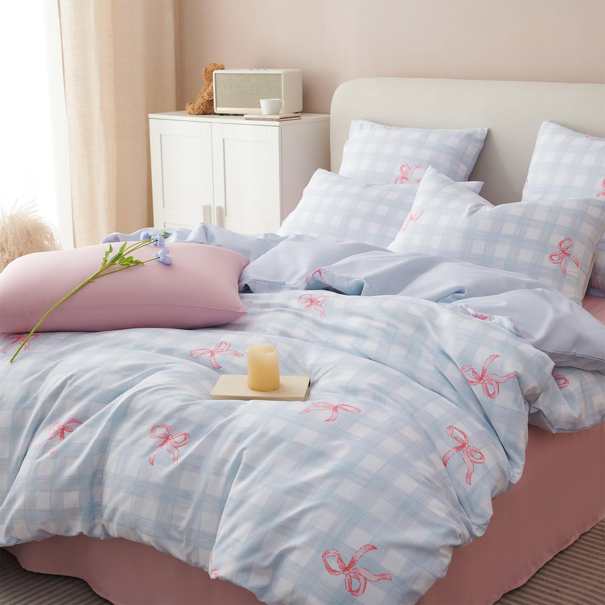 Plaid Comforter Set Full Blue Gingham Pink Bow Bedding Set