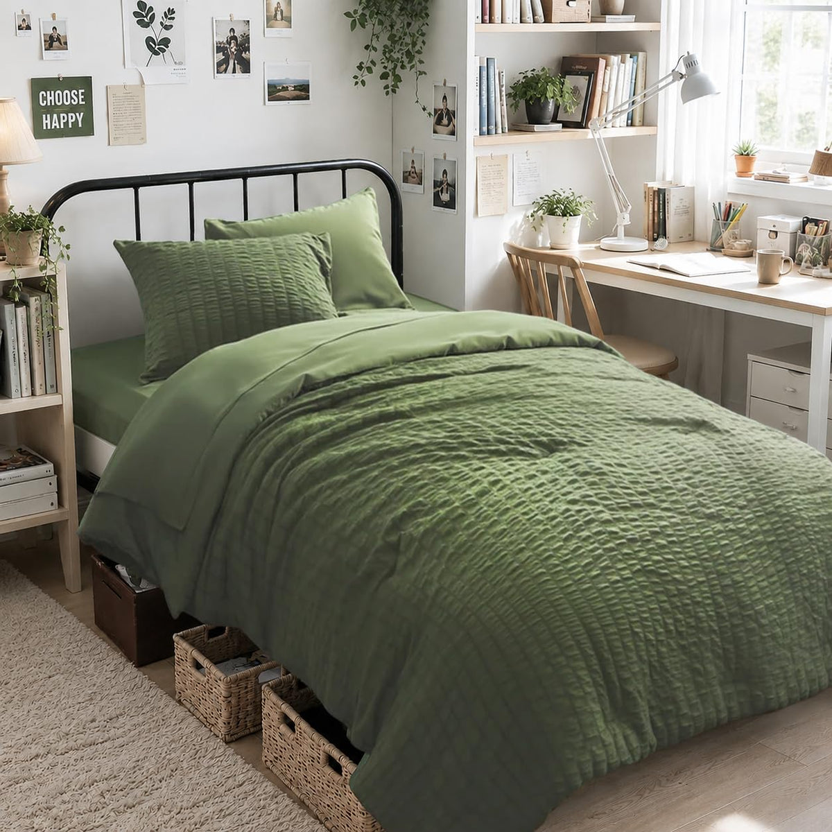 Zzlpp Queen Comforter Set 7 Piece, Green Bed in a Bag Queen Bedding Sets