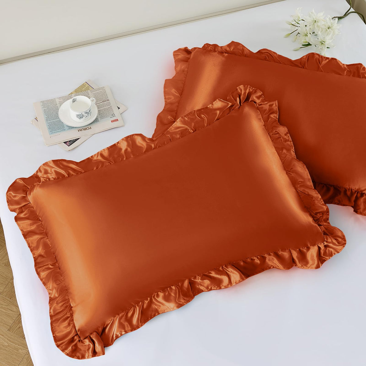 NSGZ Ruffled Satin Pillowcase Set of 2, Standard 20x26 Inch, Ivory White