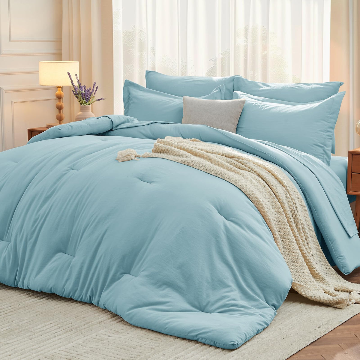 MUXHOMO King Comforter Set 7 Pieces, Soft Bed in a Bag, Beige