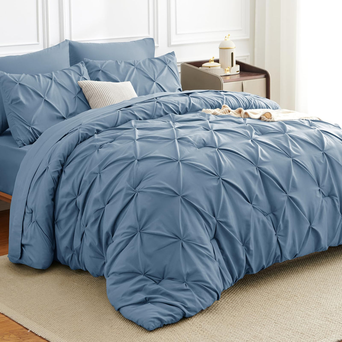 HIMEET Queen Comforter Set Black - 7 Pieces Pintuck Bed in a Bag