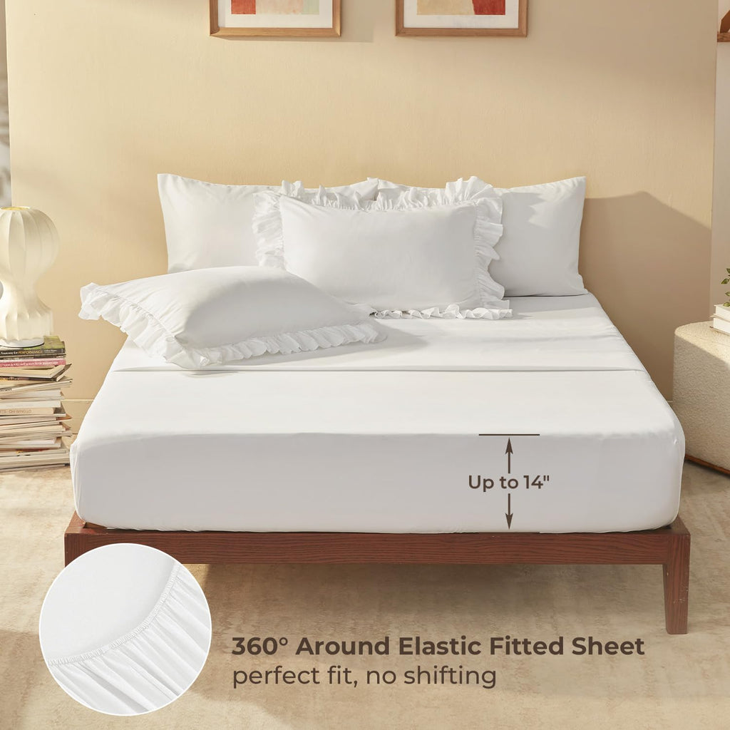 Litanika Queen Comforter Set, 7 Pcs White Ruffle Bed in a Bag
