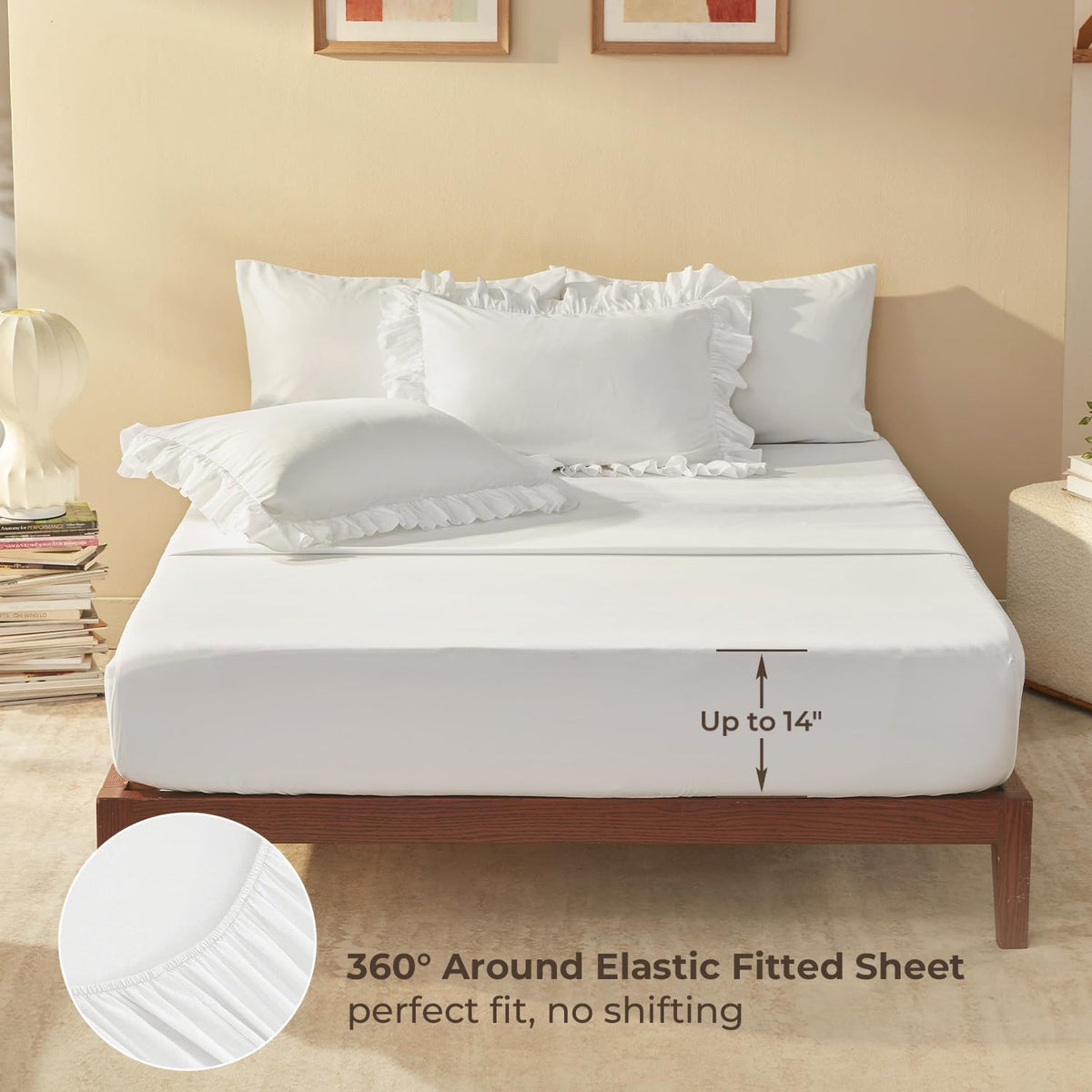Litanika Queen Comforter Set, 7 Pcs White Ruffle Bed in a Bag