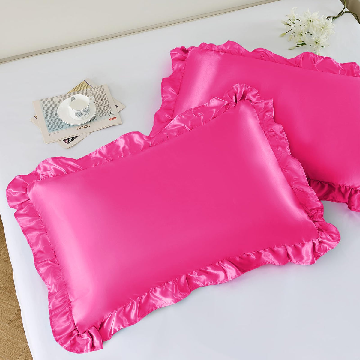 NSGZ Ruffled Satin Pillowcase Set of 2, Standard 20x26 Inch, Ivory White