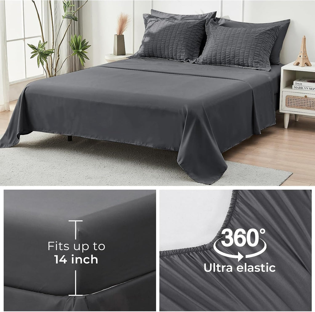 King Comforter Set - 7PCS Bed in a Bag, Seersucker Bedding Set, Dark Grey