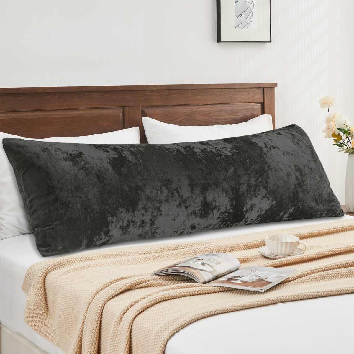 BEDELITE Velvet Body Pillow Cover with Zipper, Grey, 20x54 Inch, 1 Pack