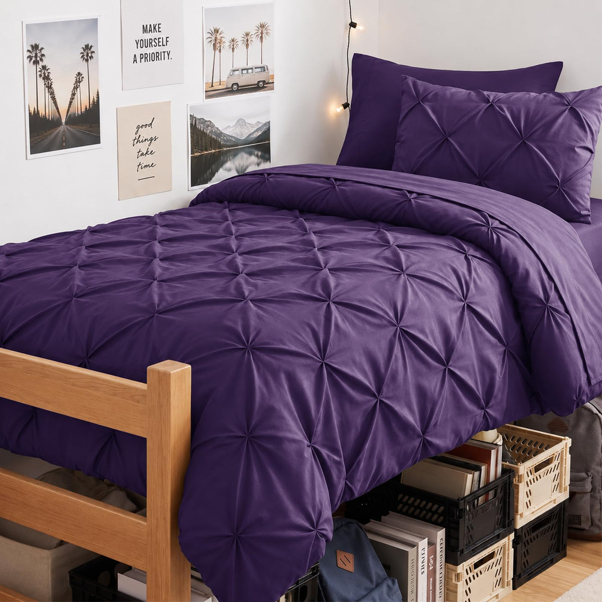 CozyLux Queen Comforter Set Black, 7 Pieces Pintuck Bed in a Bag